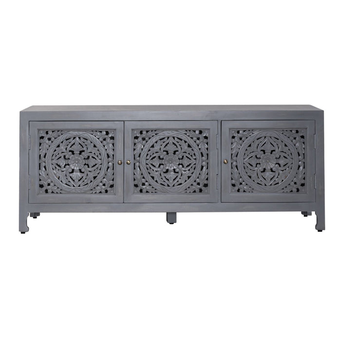 Marisol 65 Inch 3 Door Accent TV Stand in Weathered Honey and Soft Wash Gray