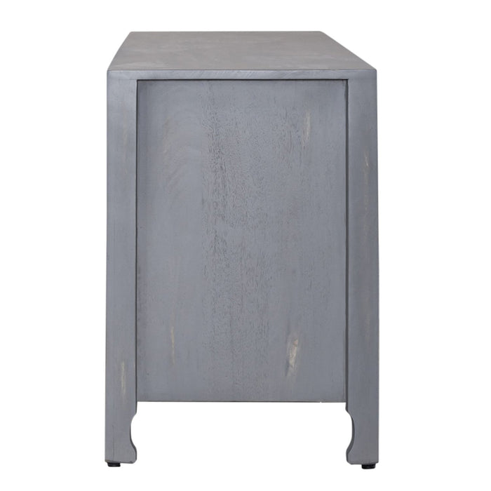 Marisol 65 Inch 3 Door Accent TV Stand in Weathered Honey and Soft Wash Gray