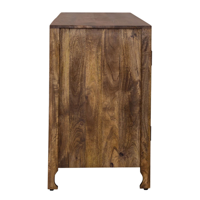 Marisol 74 Inch 4 Door Accent TV Stand in Weathered Honey and Soft Wash Gray
