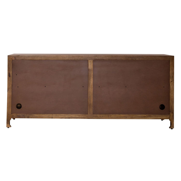 Marisol 74 Inch 4 Door Accent TV Stand in Weathered Honey and Soft Wash Gray