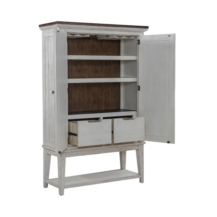 Liberty Furniture River Place Bar Cabinet in Riverstone White & Tobacco EST SHIP TIME APPX 4 WEEKS