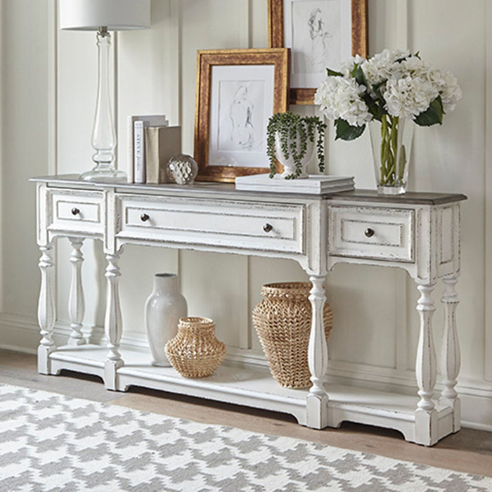 Magnolia Manor 72 Inch Hall Console Table in Antique White Base w/ Weathered Bark Tops image