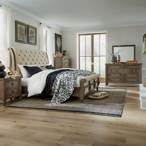 Americana Farmhouse Queen Sleigh Bed, Dresser & Mirror, Chest, N/S image
